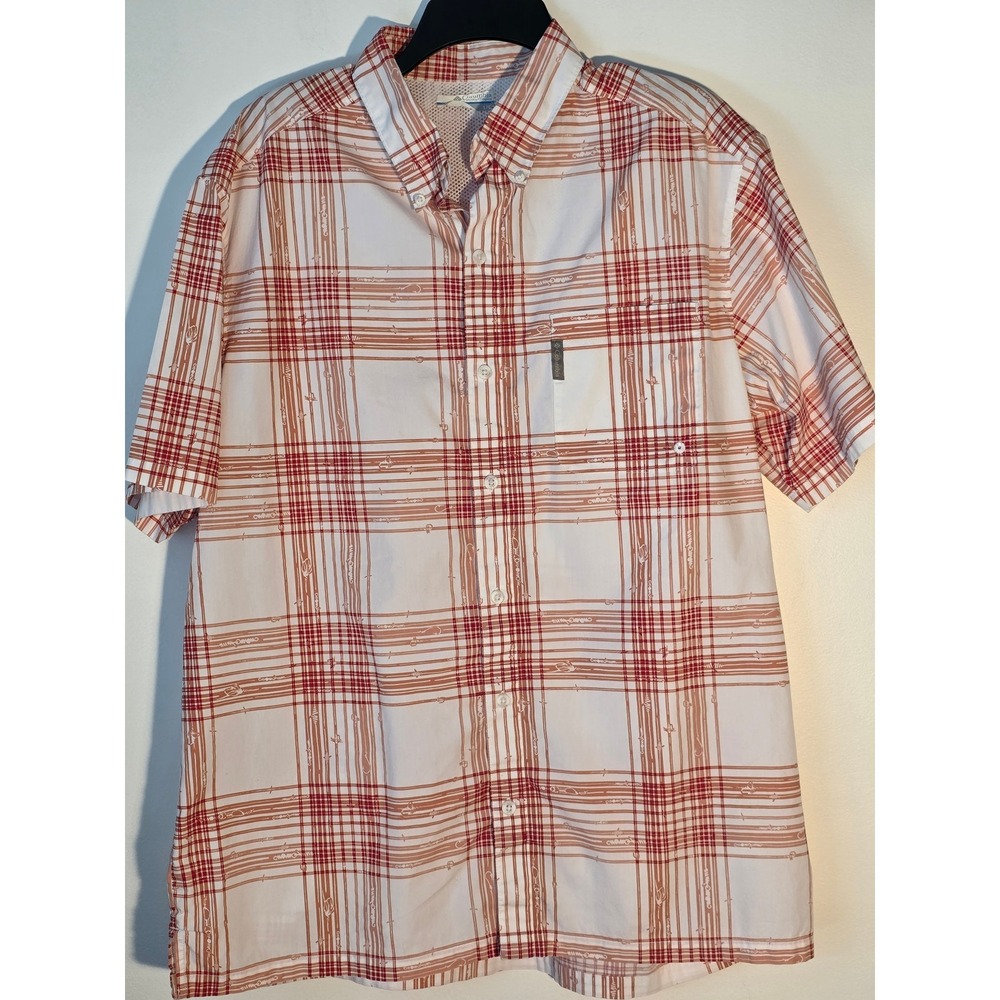 Columbia PFG Fishing Shirt Mens L White Red Plaid Vented Short Sleeve Button Up